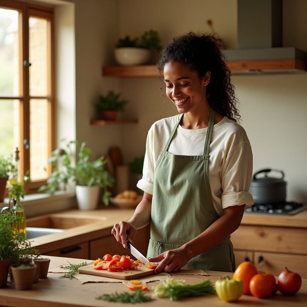 Préparation de légumes frais dans une cuisine chaleureuse