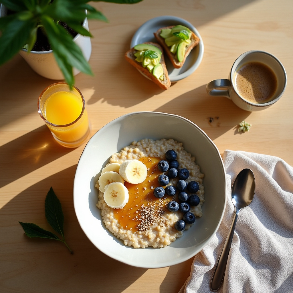Petit-déjeuner équilibré avec fruits, céréales et yaourt